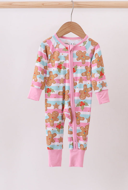Pink christmas gingerbread bamboo pajamas zipper romper