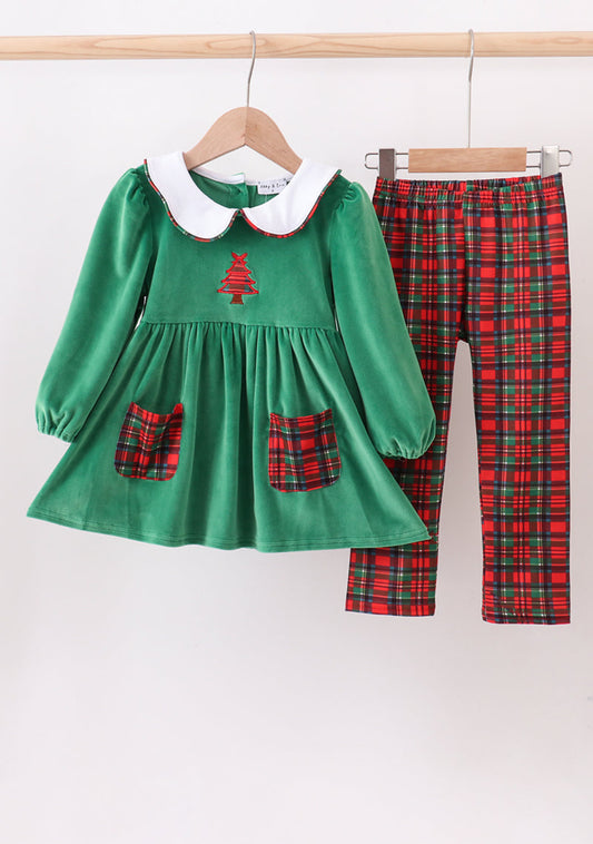 Green christmas tree applique velvet pants set