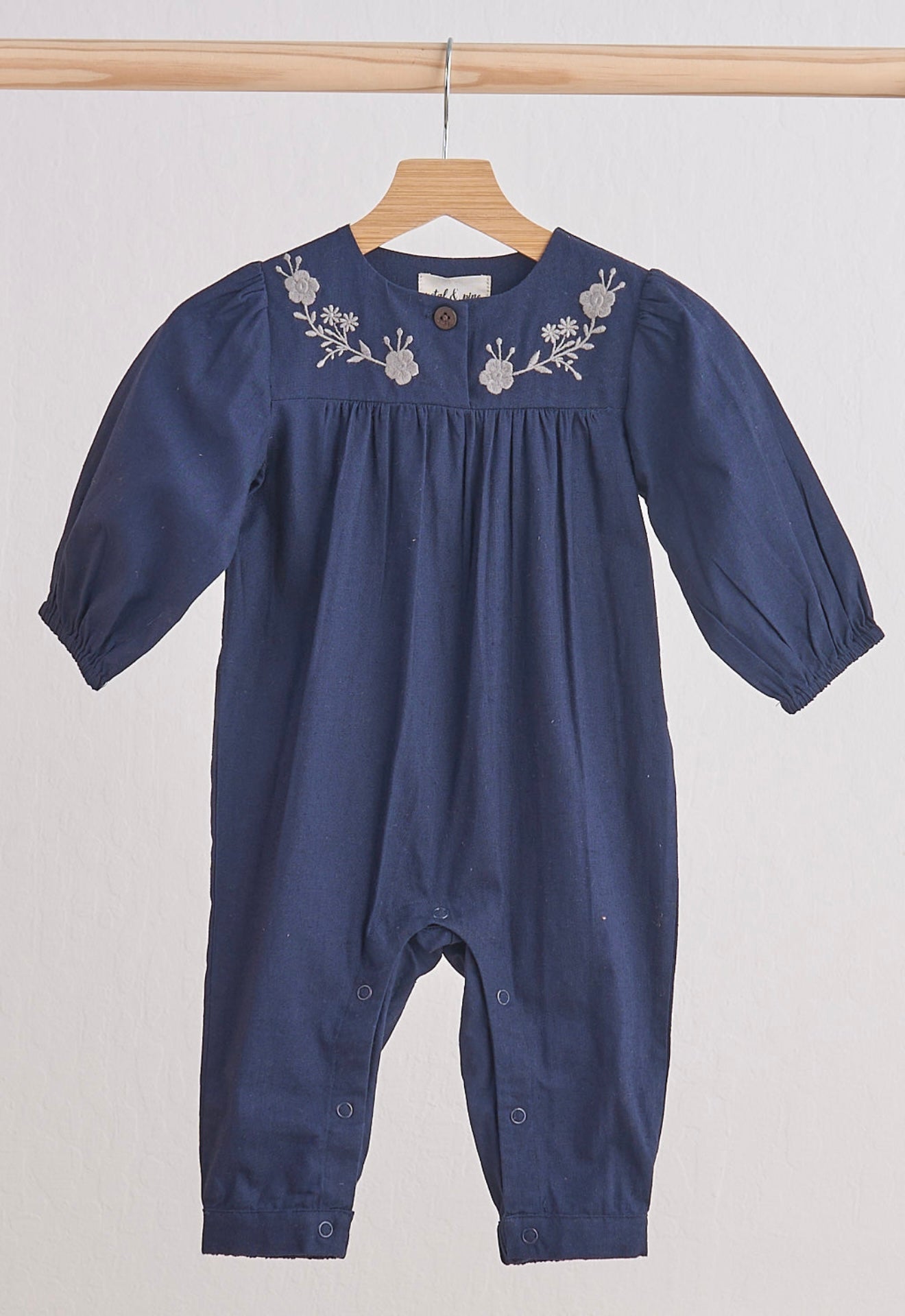 Navy floral embroidery linen girl romper