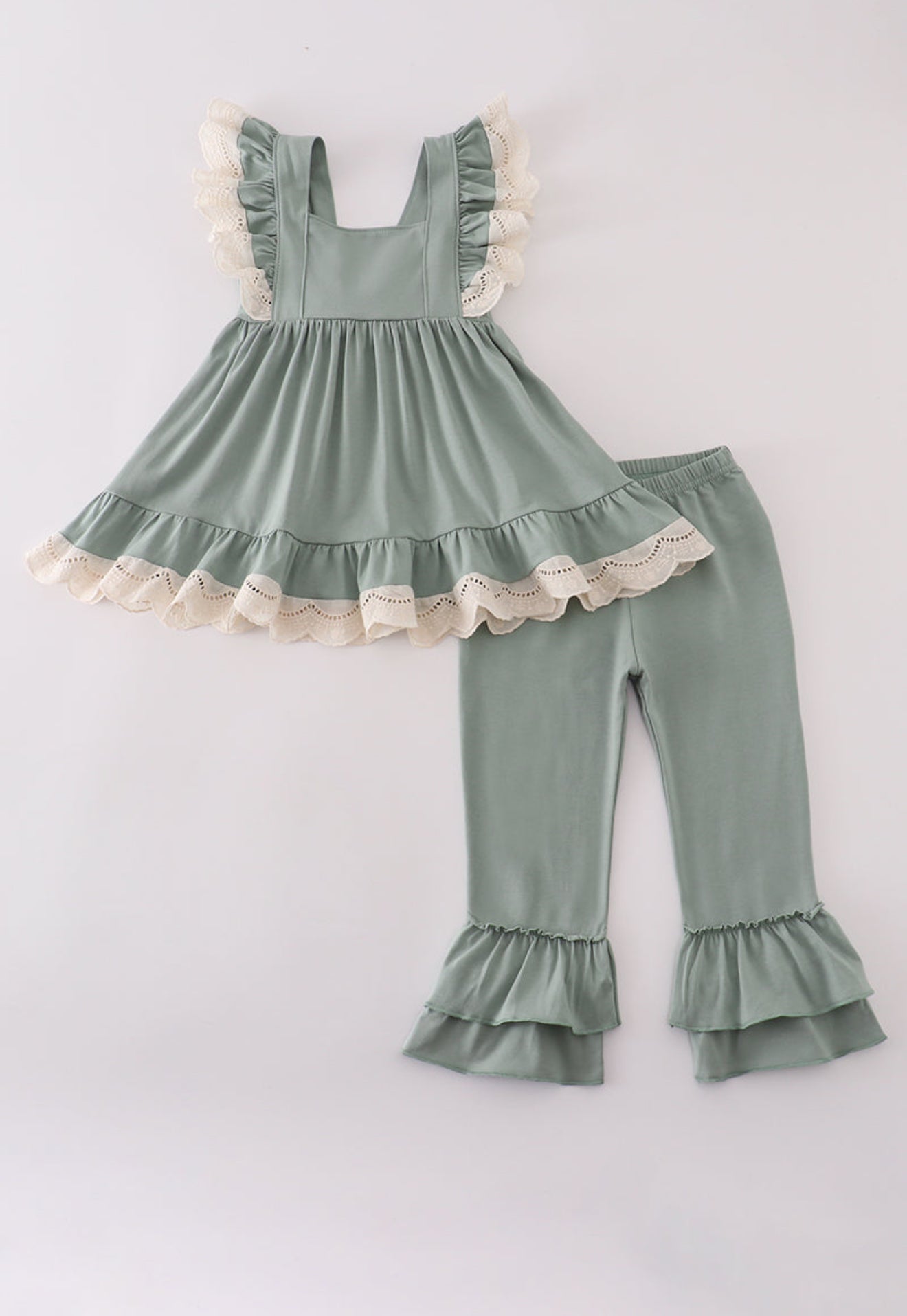 Sage lace ruffle pants set