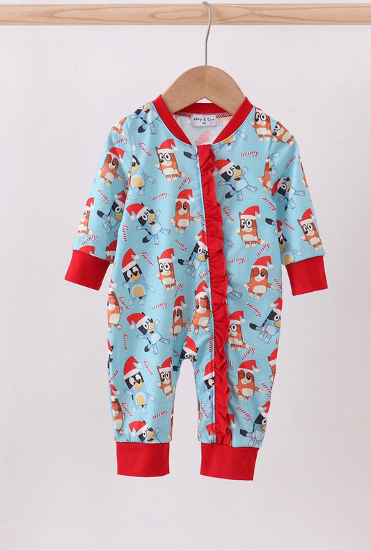Blue Christmas character print ruffle romper