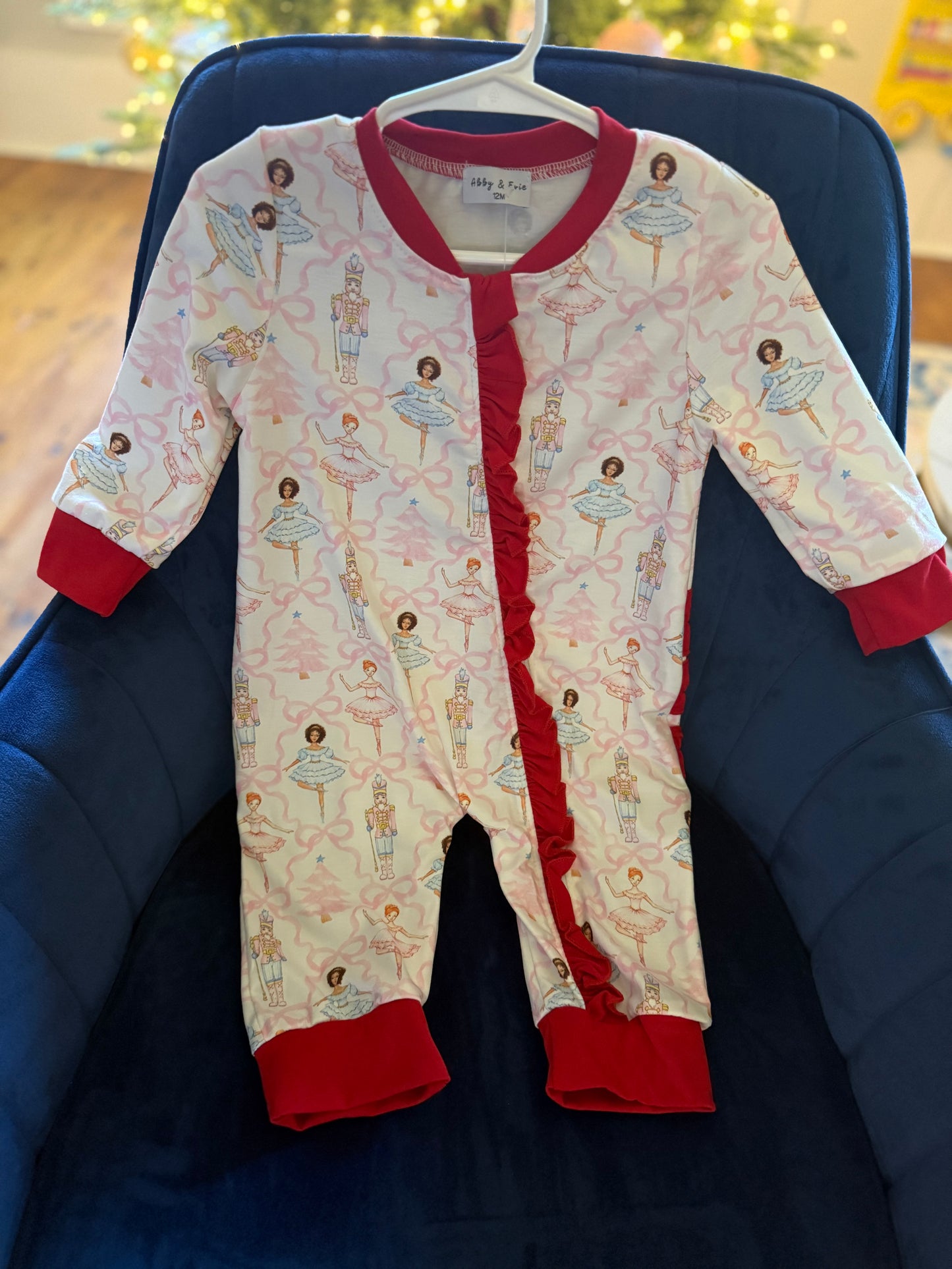 Red nutcracker print ruffle zip girl romper