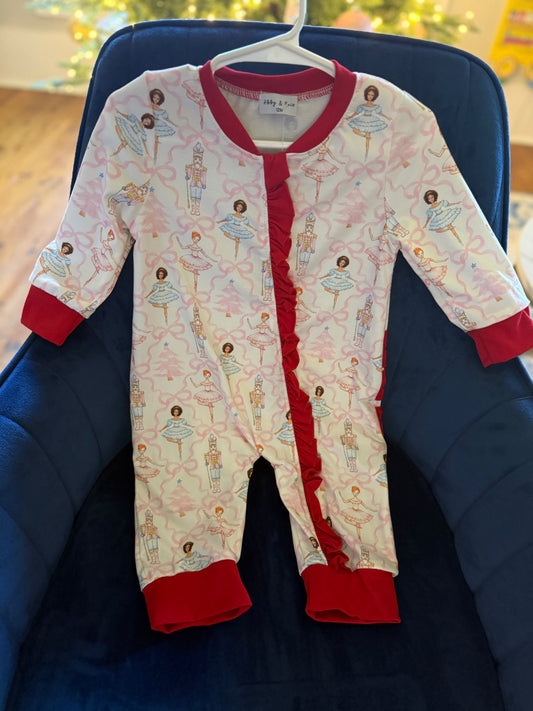 Red nutcracker print ruffle zip girl romper