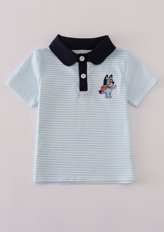 Blue stripe character embroidery button down shirt