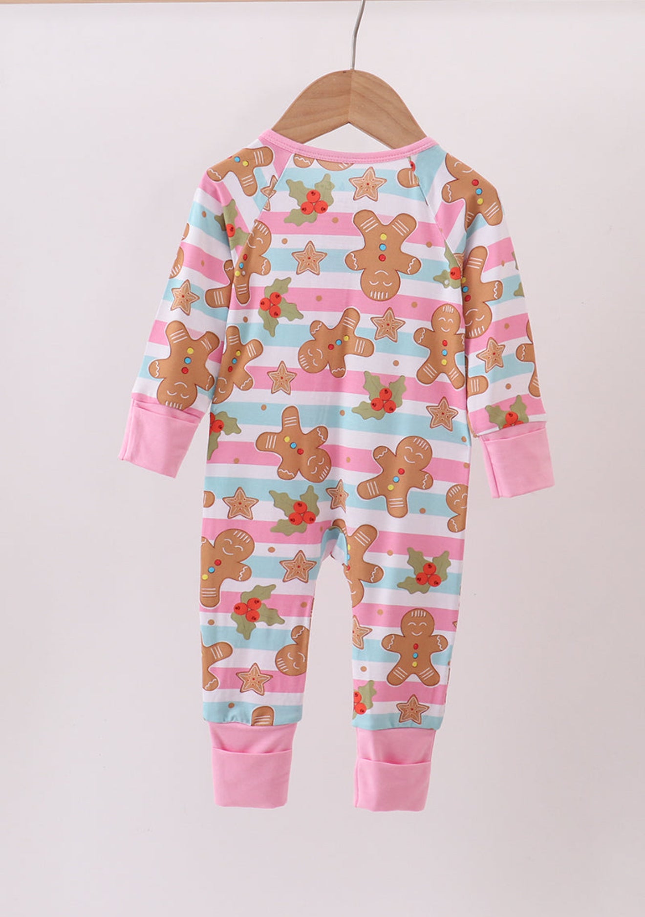 Pink christmas gingerbread bamboo pajamas zipper romper