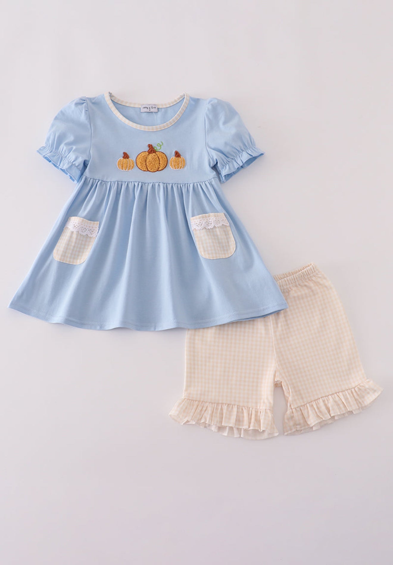 Blue pumpkin french knot ruffle shorts set