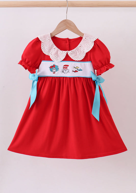 Red character embroidery bow dress