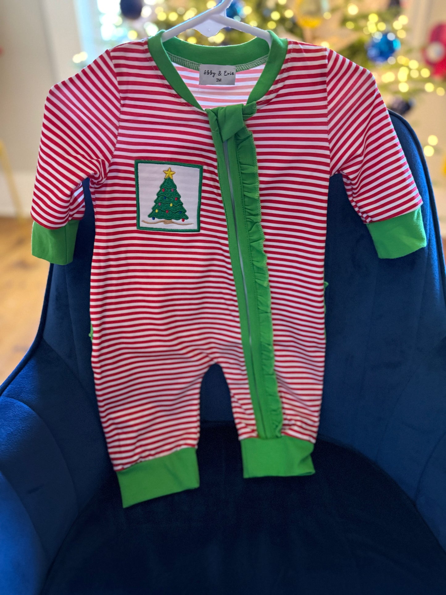 Red stripe christmas tree ruffle girl romper