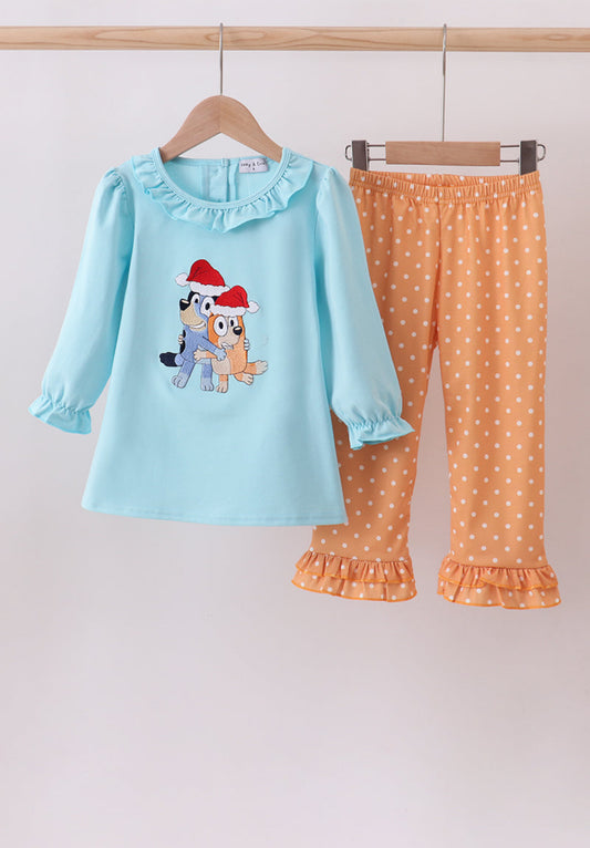 Blue Christmas character embroidery ruffle pants set