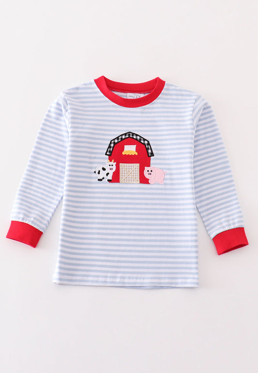Premium red stripe farm applique boy top