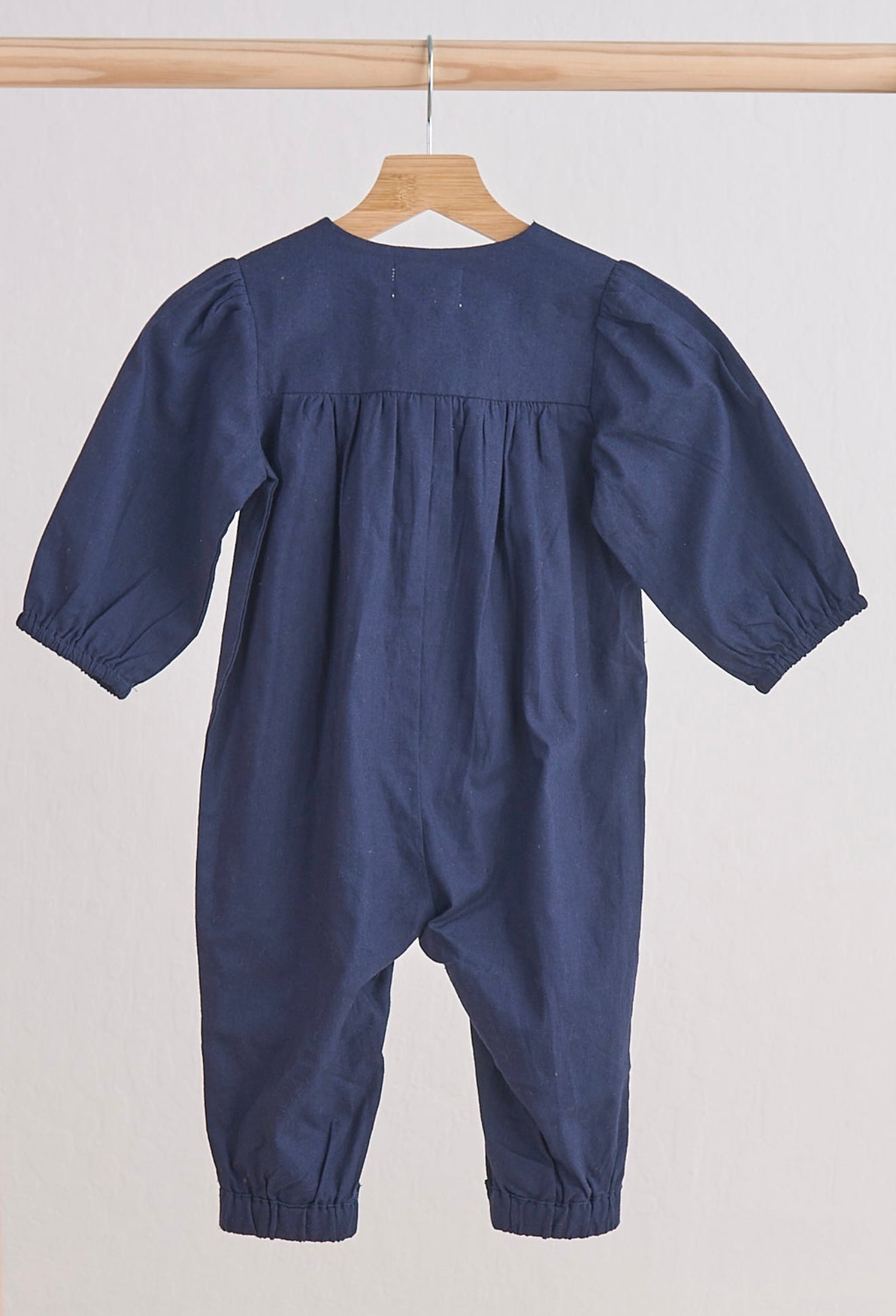 Navy floral embroidery linen girl romper