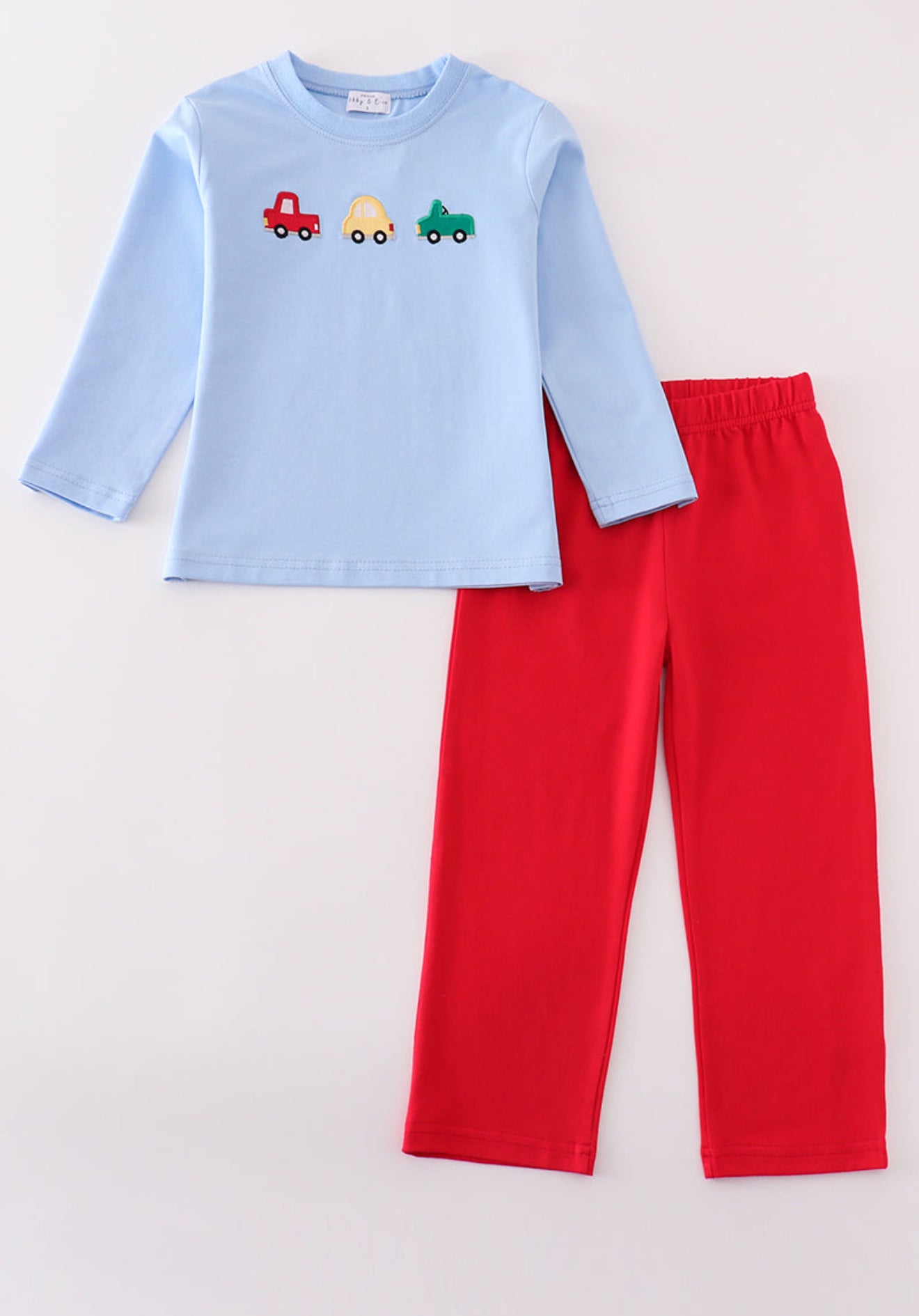 Premium blue vehicle applique boy set