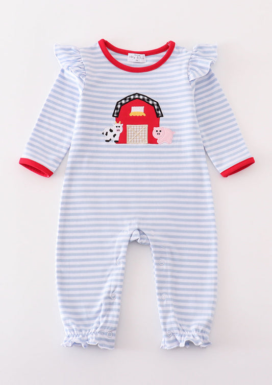 Premium red stripe farm applique girl romper