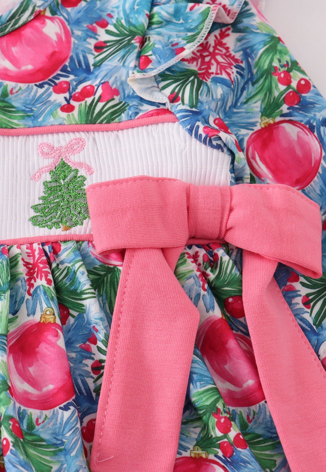 Blue christmas tree smocked ruffle bloomer set