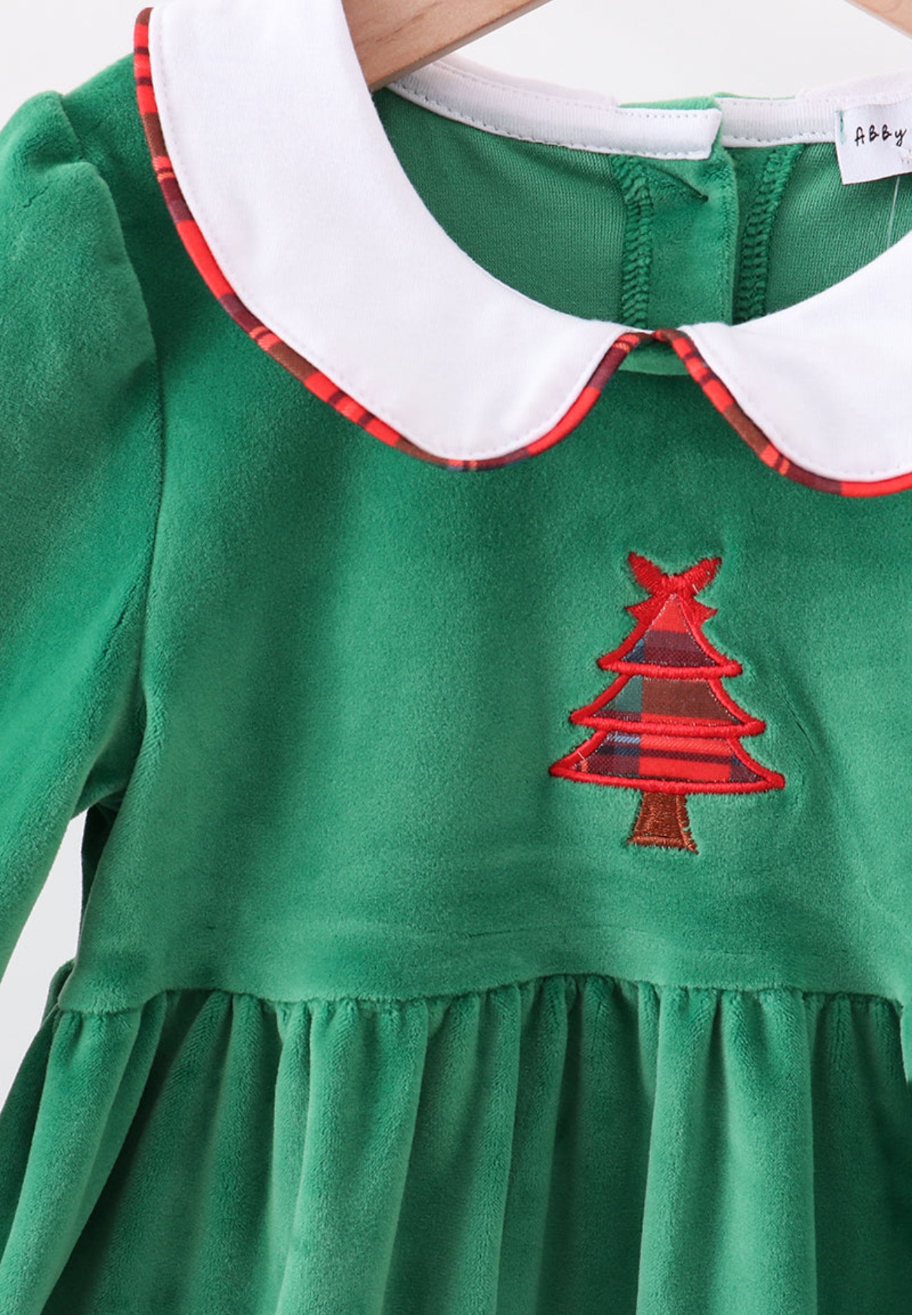 Green christmas tree applique velvet dress
