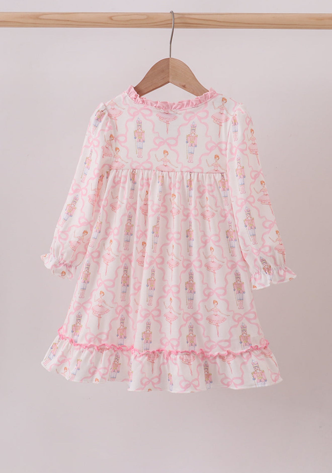 Pink nutcracker print ruffle gown