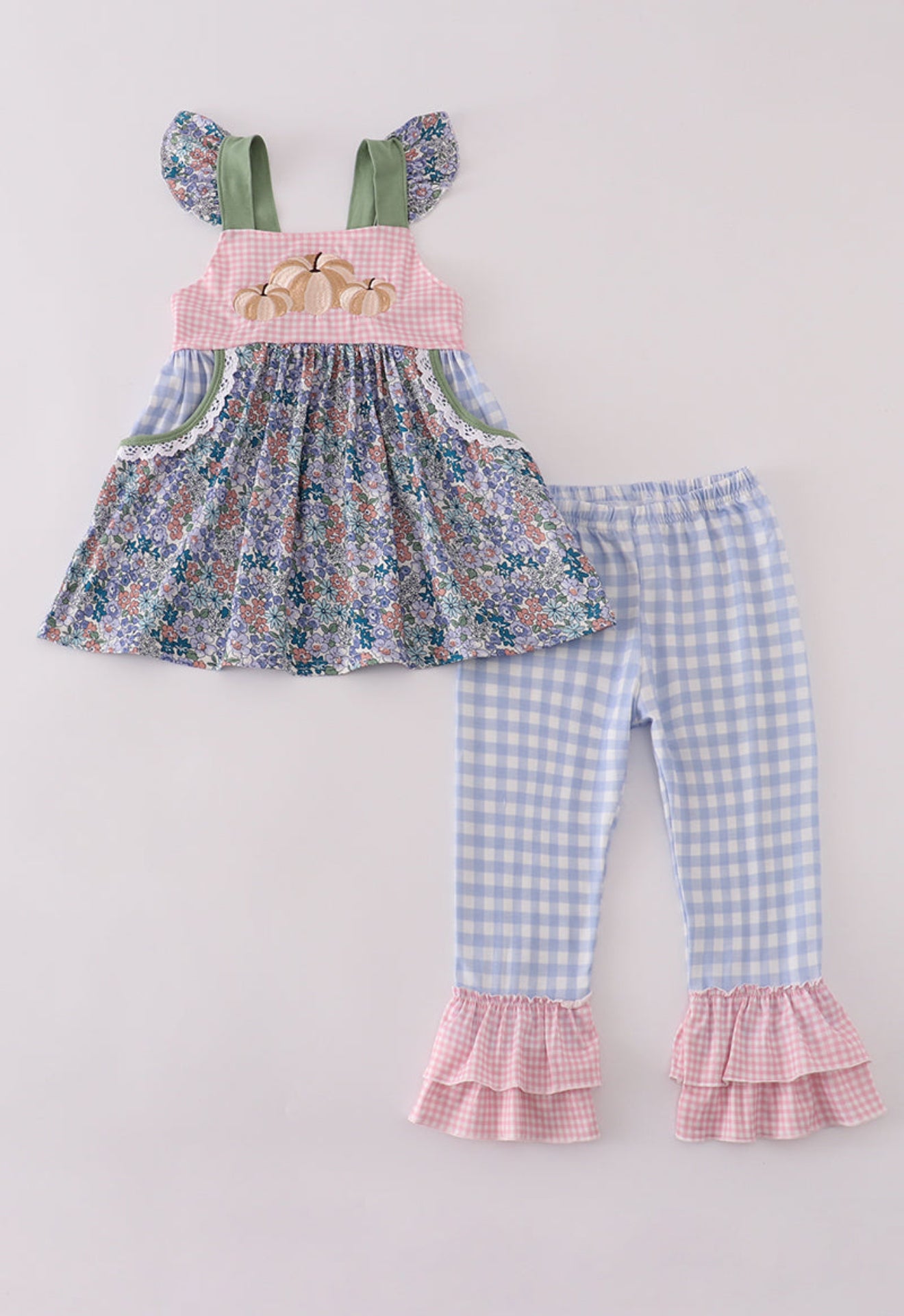 Blue floral pumpkin embroidery ruffle pants set