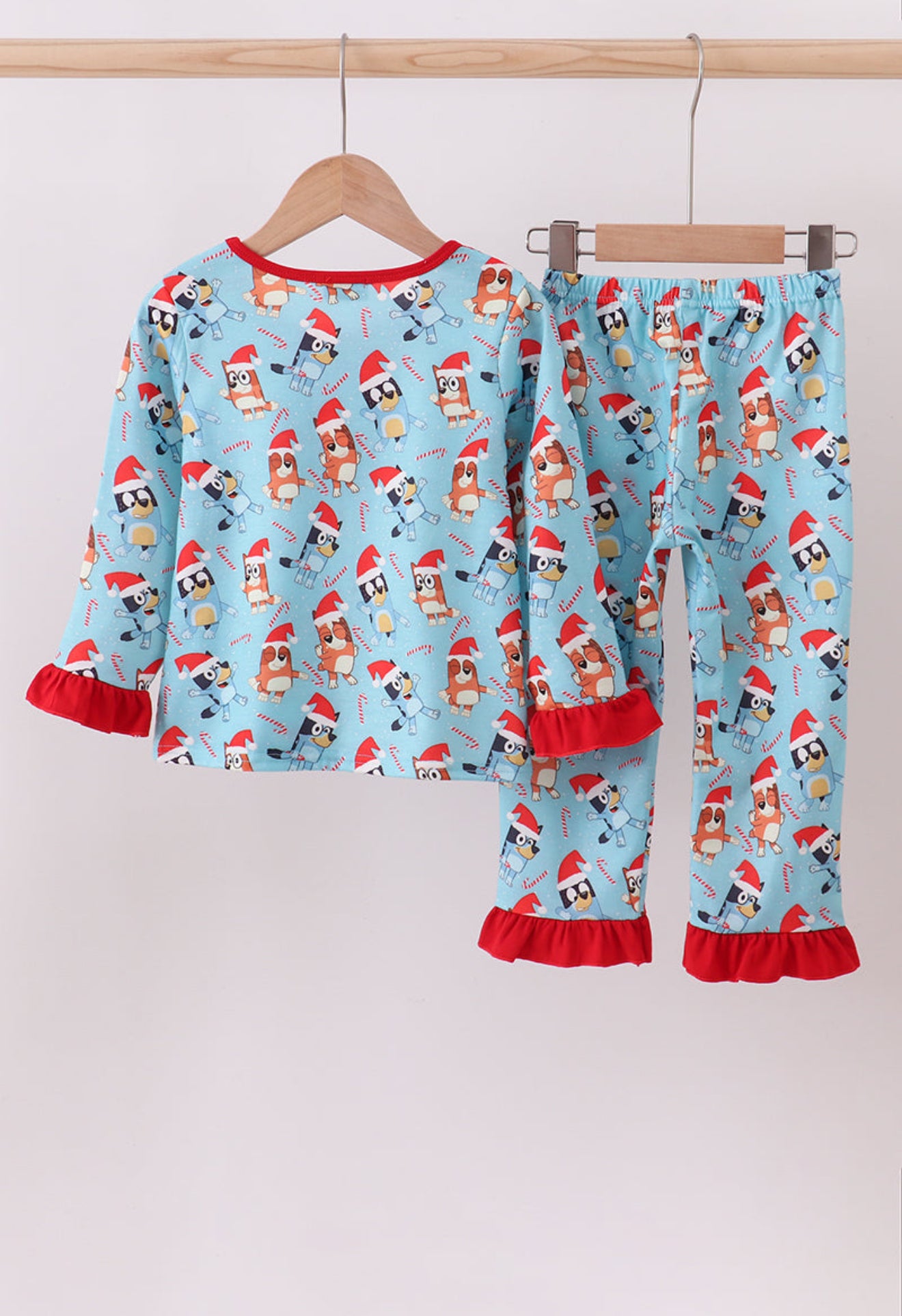 Blue Christmas character print ruffle pajamas set
