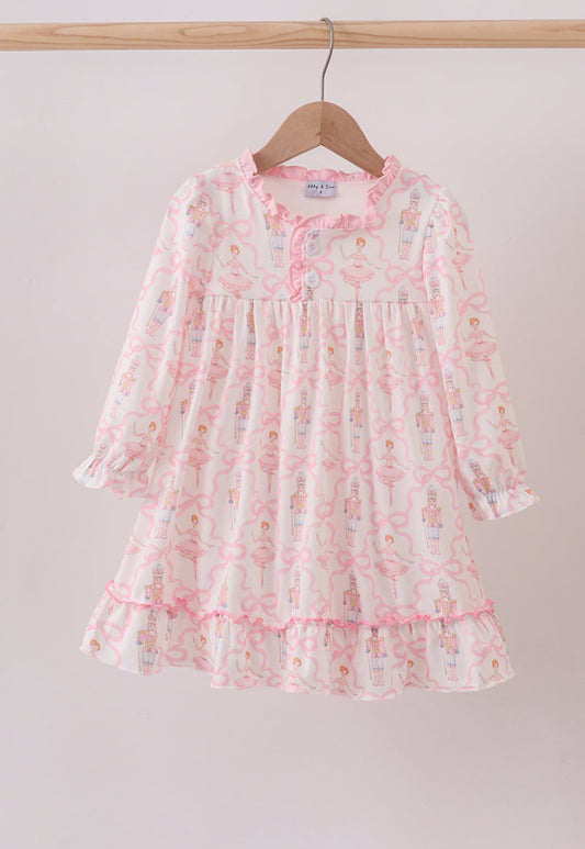 Pink nutcracker print ruffle gown