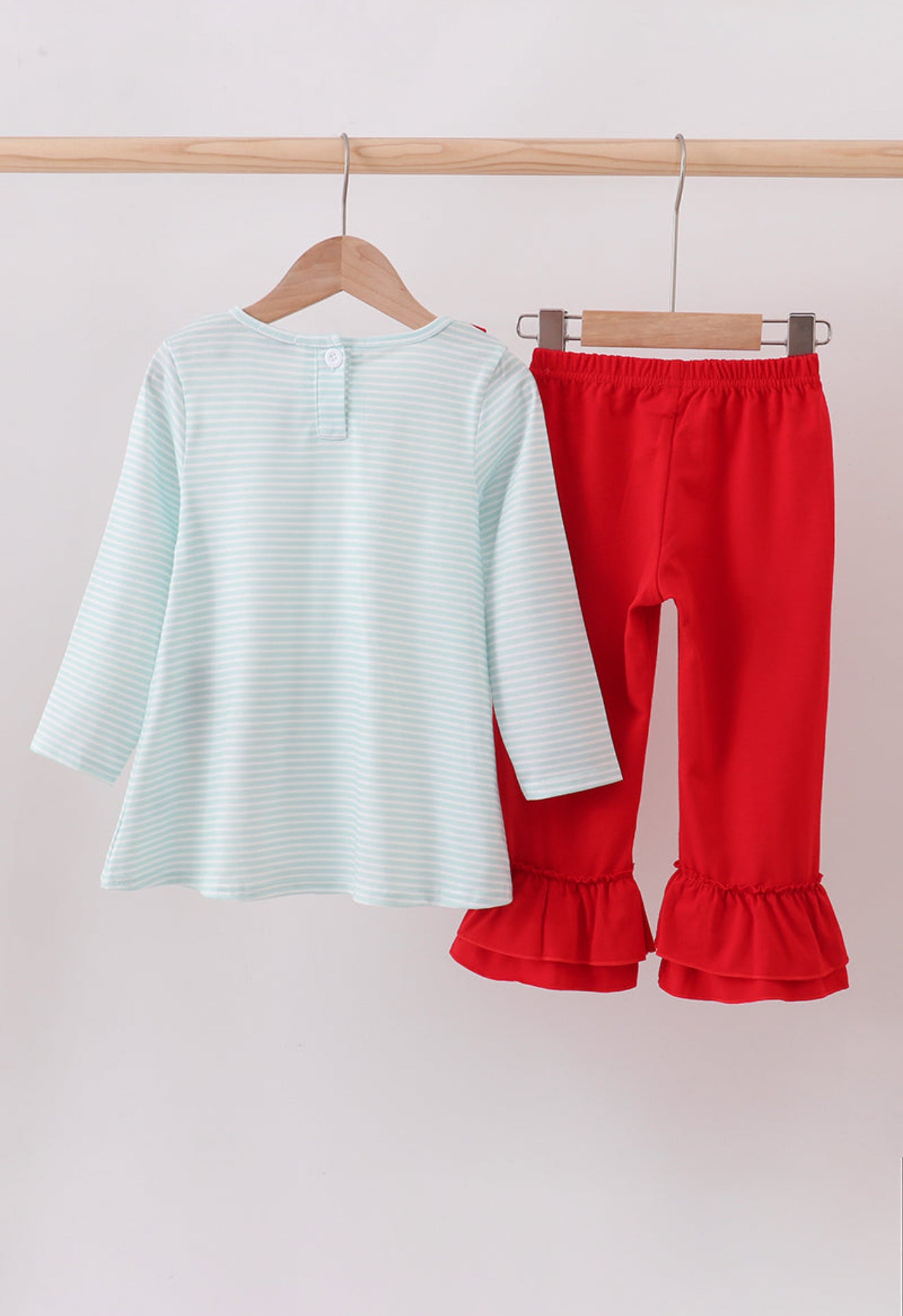 Blue reindeer applique stripe ruffle pants set