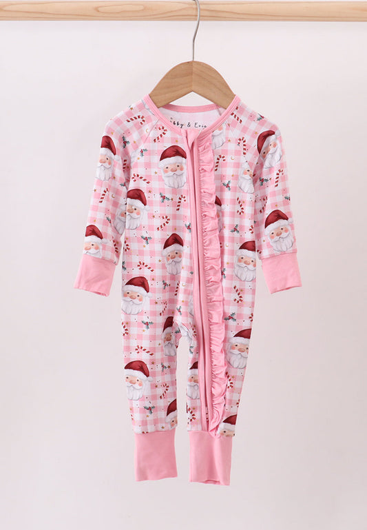 Pink santa claus bamboo pajamas zipper romper