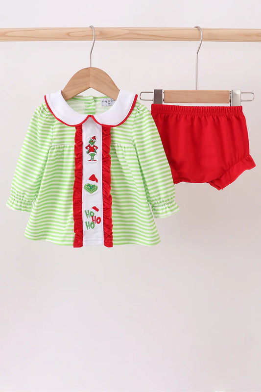 Green christmas grinch embroidery stripe bloomer set