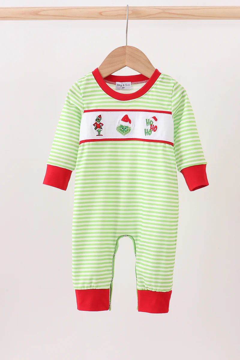 Green christmas grinch embroidery stripe romper