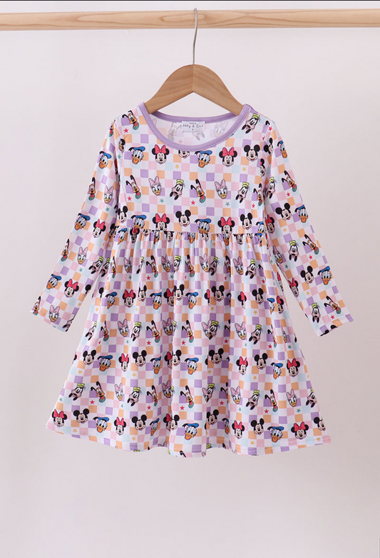 Premium purple character print bamboo checkered dress