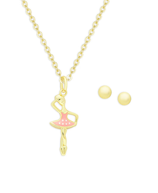 Ballerina Pendant & Ball Stud Earrings Set in 18K