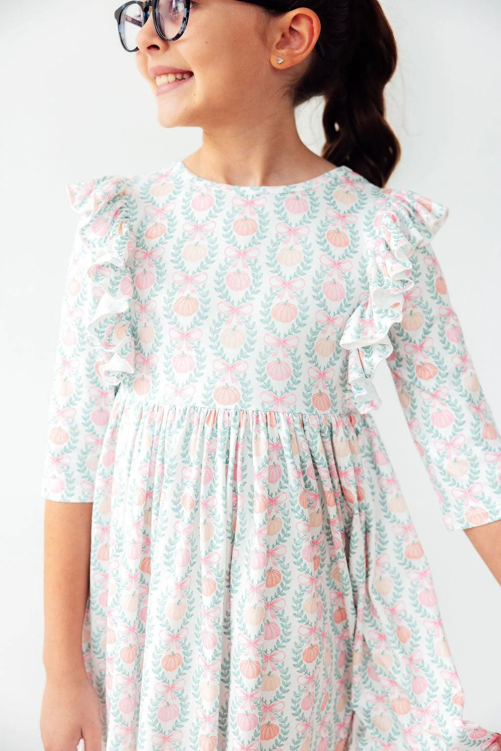 Pumpkin Kisses, Harvest Wishes 3/4 Sleeve Ruffle Twirl Dress Mila & Rose