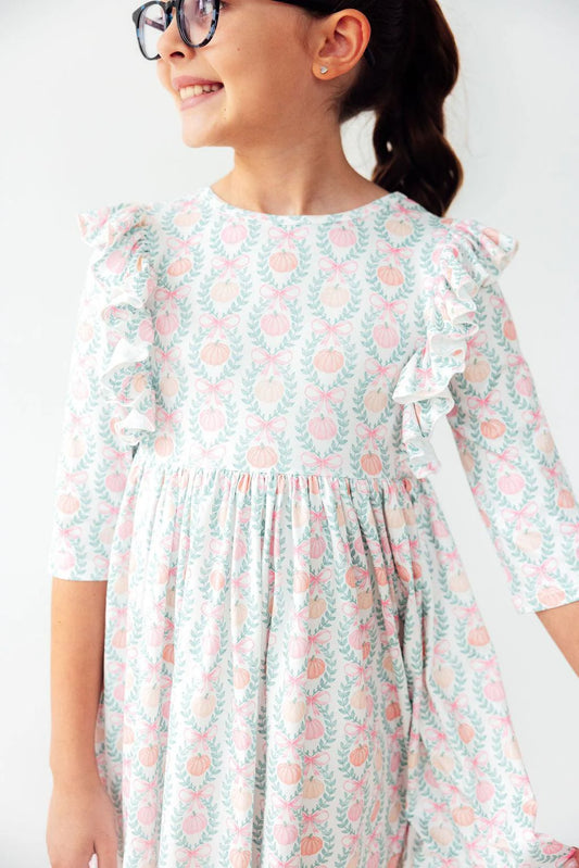 Pumpkin Kisses, Harvest Wishes 3/4 Sleeve Ruffle Twirl Dress Mila & Rose