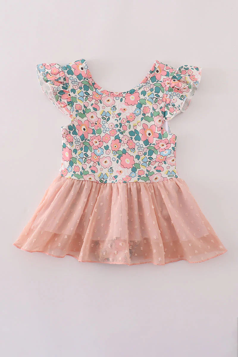 Pink floral print swiss dot leotard