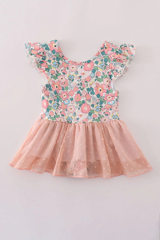 Pink floral print swiss dot leotard