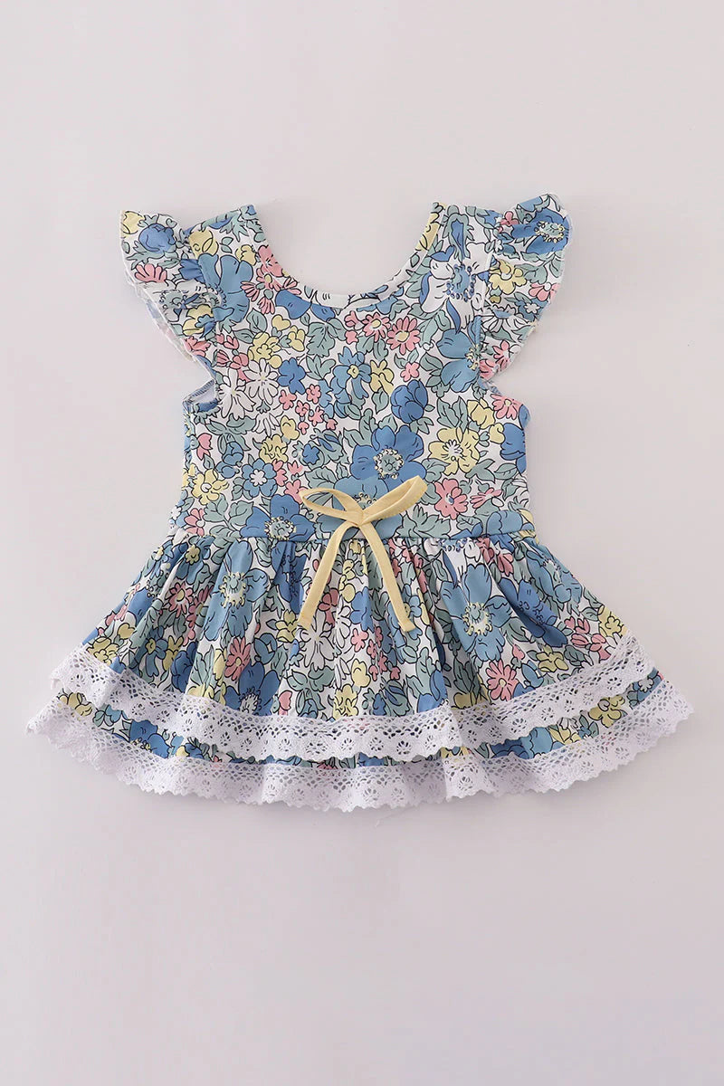 Blue floral lace ruffle leotard