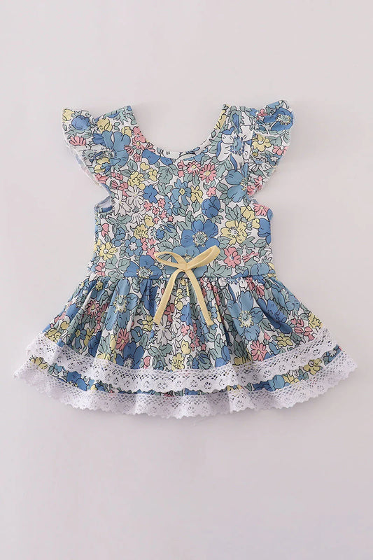 Blue floral lace ruffle leotard