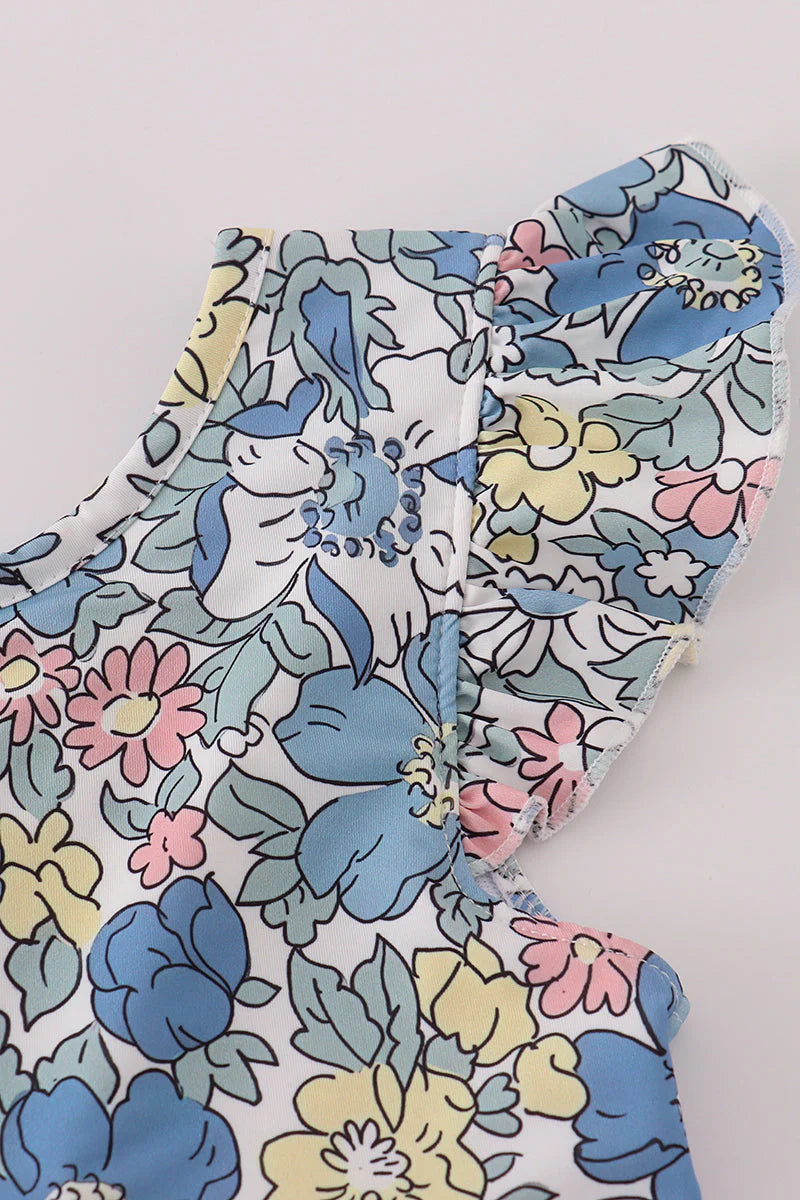 Blue floral lace ruffle leotard