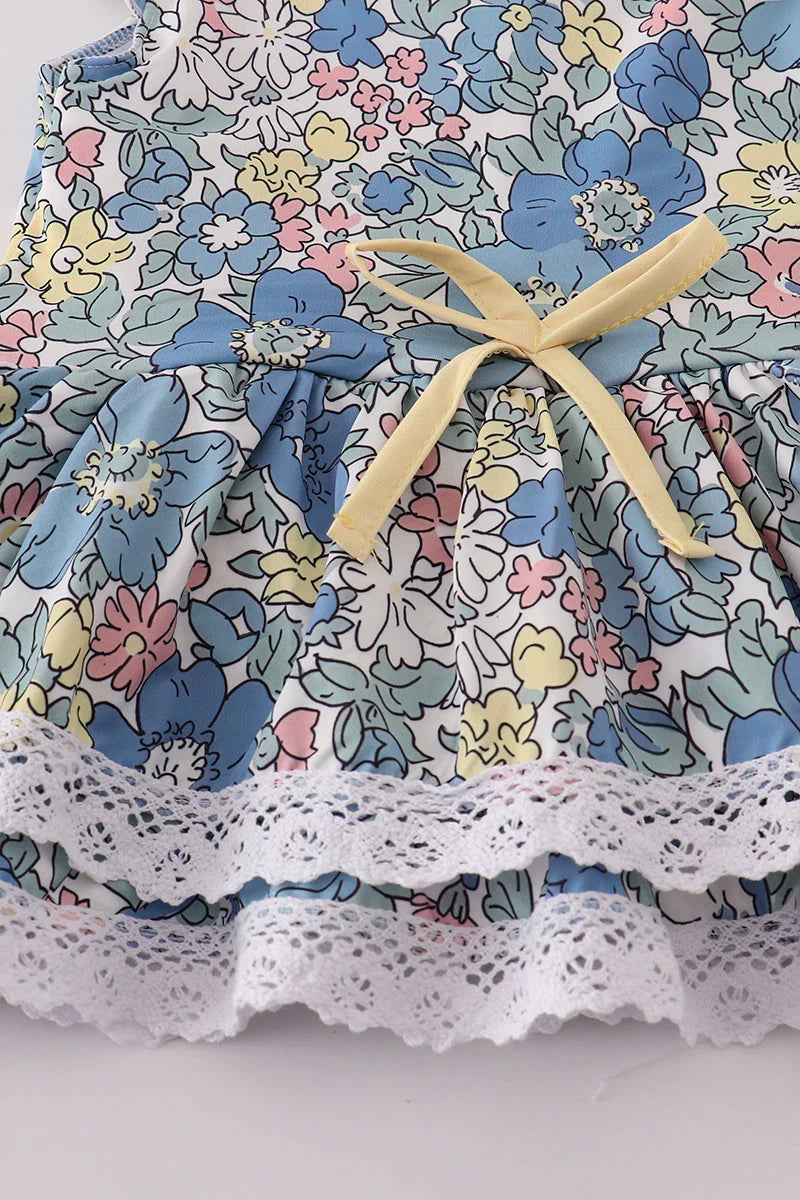 Blue floral lace ruffle leotard