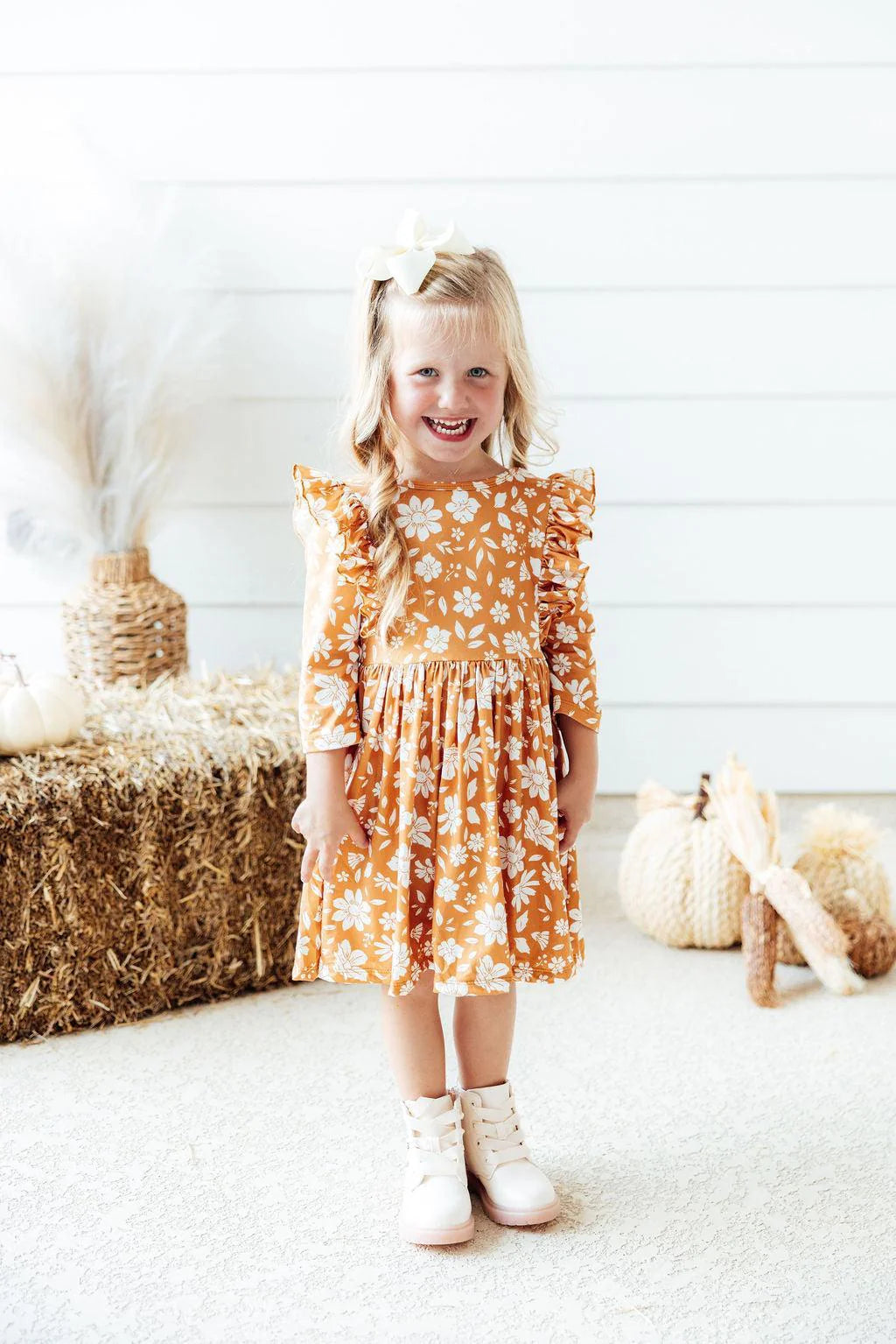 GOLDEN BLOOMS 3/4 SLEEVE RUFFLE TWIRL DRESS