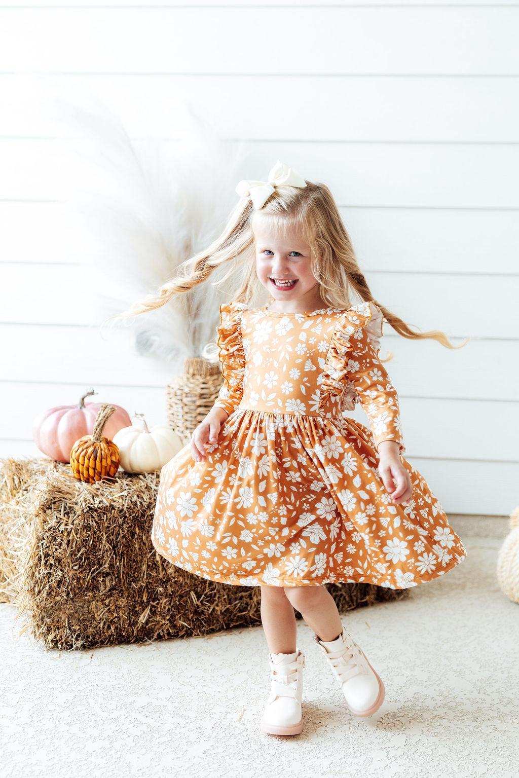 GOLDEN BLOOMS 3/4 SLEEVE RUFFLE TWIRL DRESS