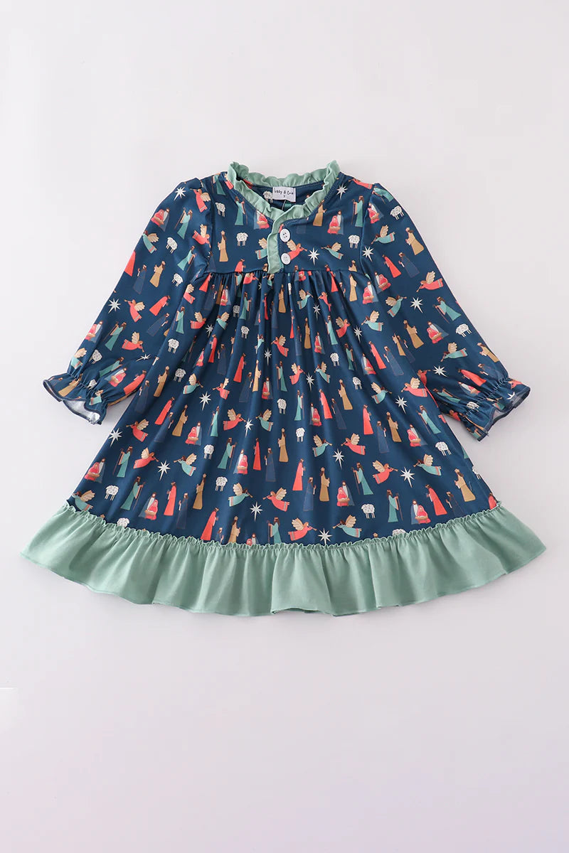 Navy nativity print ruffle gown