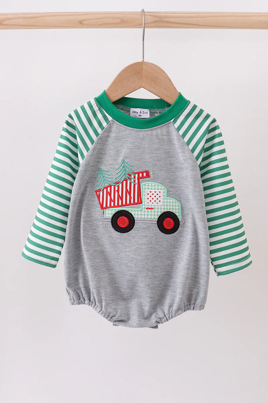 Green tree tractor applique stripe bubble