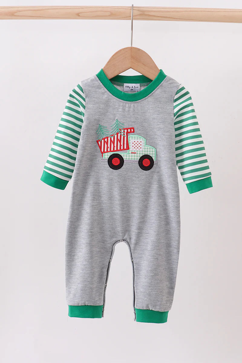 Green tree tractor applique stripe romper