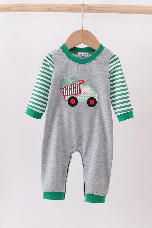Green tree tractor applique stripe romper