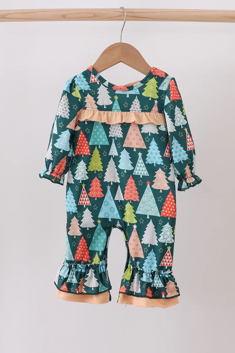 Green tree print ruffle romper