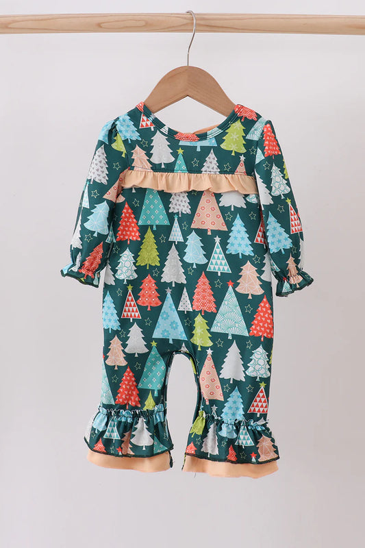 Green tree print ruffle romper