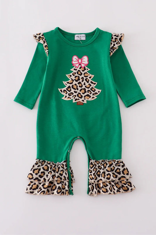Forest tree applique leopard ruffle romper