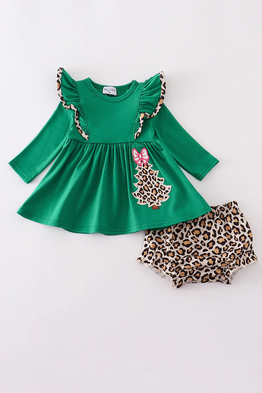 Forest tree applique leopard ruffle bloomer set