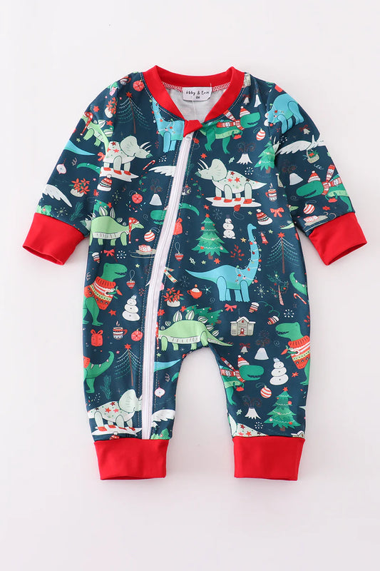 Green dinosaur print romper