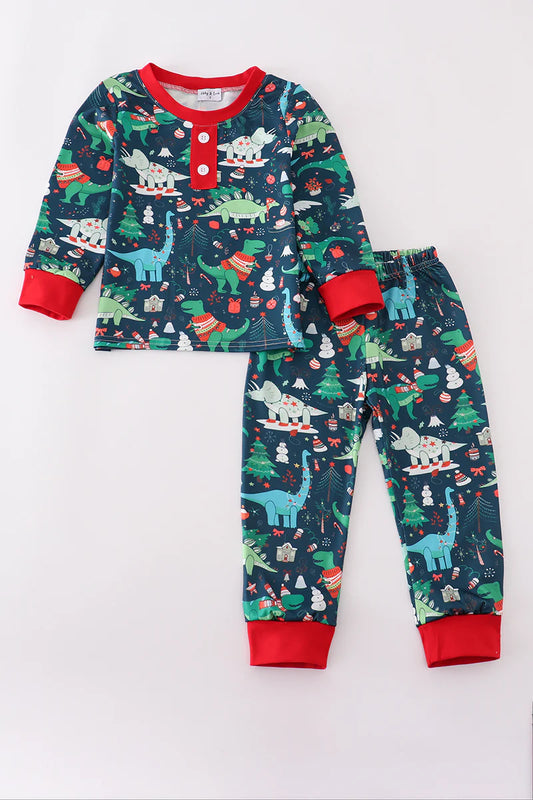 Green dinosaur print pants set