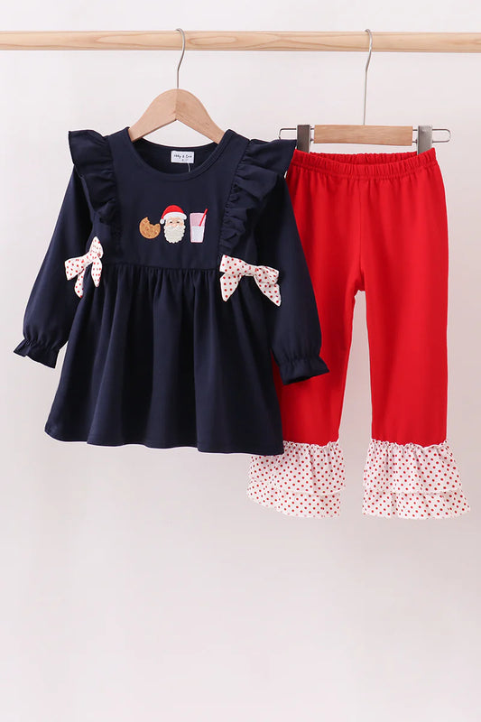 Navy christmas santa cookie milk embroidery ruffle pants set